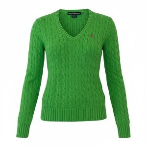 Lauren Ralph Lauren Bright Green Cable-Knit V-Neck Sweater